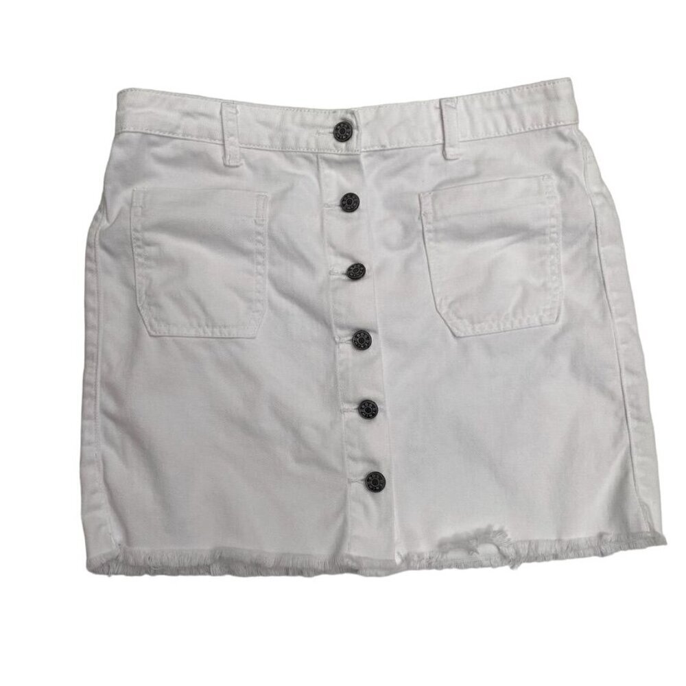 Urban Outfitters BDG White Button Denim Skirt Raw Hem 2 Front Pockets Size Med